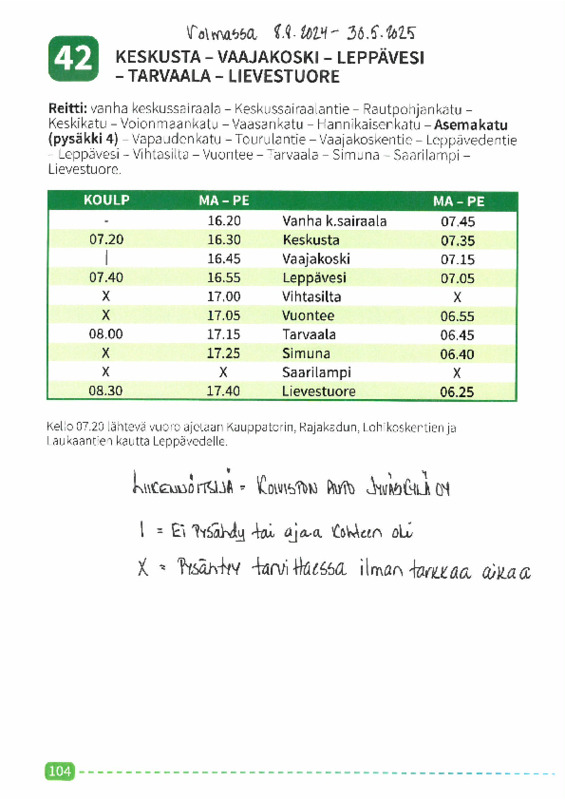 Vuoro 42 Vuontee - Tarvaala - Simuna - Saarilampi - Lievestuore LV 2022 -  2023, Liikennöitsijänä Länsilinjat Oy (uusi)