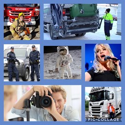 Kuvassa eri ammatteja: palomies, jäteauton kuljettaja, poliisi, astronautti, laulaja, valokuvaaja, rekkakuski.