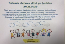 Oravaisen pukeudu siniseen päivän tiedote. Oravaisissa pukeudutaan perjantaina 20.11. lastenoikeuksien päivän kunniaksi sinisiin vaatteisiin.