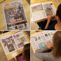 Neliruutu kuva, jokaisessa ruudussa oppilaat tutkivat pulpetin ääressä sanomalehteä.