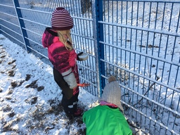 Kaksi lasta leikkii aidan edessä lumella.