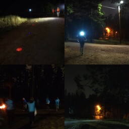 Neliruutukuva, jossa yhdessä ruudussa metsässä otsalampuin suunnistavia oppilaita, toisessa valaistu polku, yhdessä rastilta toimintakuva.