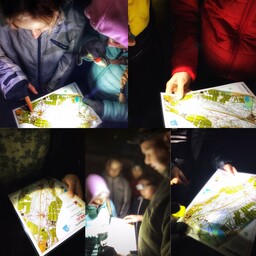 Viiden kuvan kollasi ulkoa suunnistamasta, oppilaat tutkivat karttoja yksin, yhdessä ja opettajan kanssa.