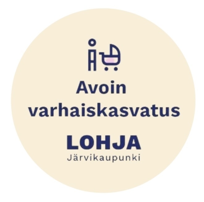 Avoimen varhaiskasvatuksen kuvake, jossa teksti avoin varhaiskasvatus ja siluetti, jossa työnnetään rattaita.