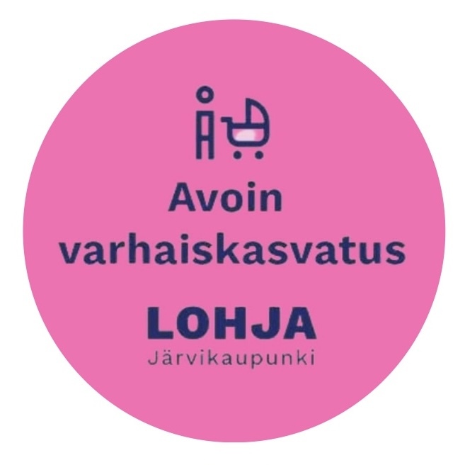 Avoimen varhaiskasvatuksen kuvake, jossa teksti avoin varhaiskasvatus ja siluetti, jossa työnnetään rattaita.