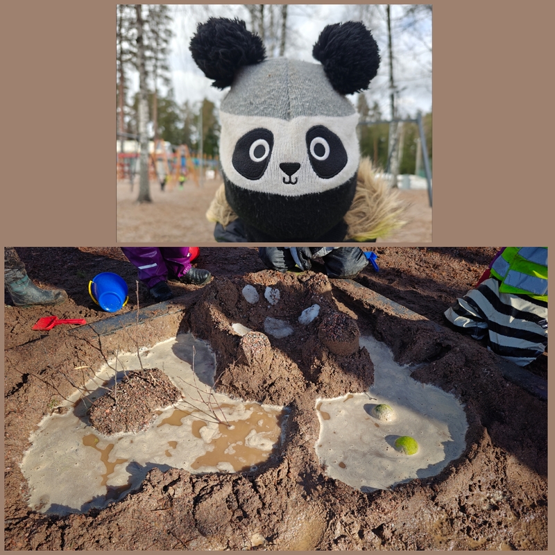 Kuvassa hiekkalinna ja pandapipo