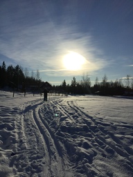 Talvinen maisema, jossa aurinkoa vasten hiihtää lapsi latua pitkin.