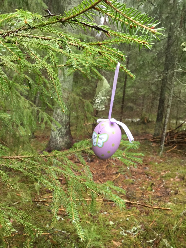 Kuusen oksalla roikkuu koriste pääsiäismuna ja takana näkyy metsää.