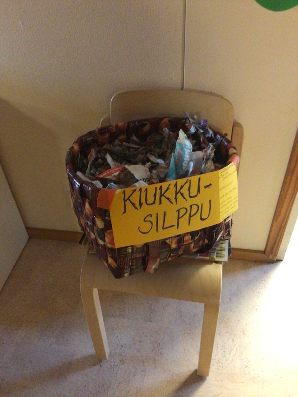 Tuolin päällä kori, jossa sanomalehdistä tehty silppua. Korin kyljessä lappu, jossa lukee kiukkusilppua.