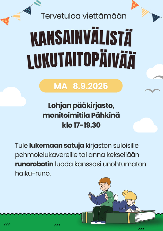mainos lukutaitopäivästä, joka järjestetään 8.9. Lohjan pää kirjastolla.
