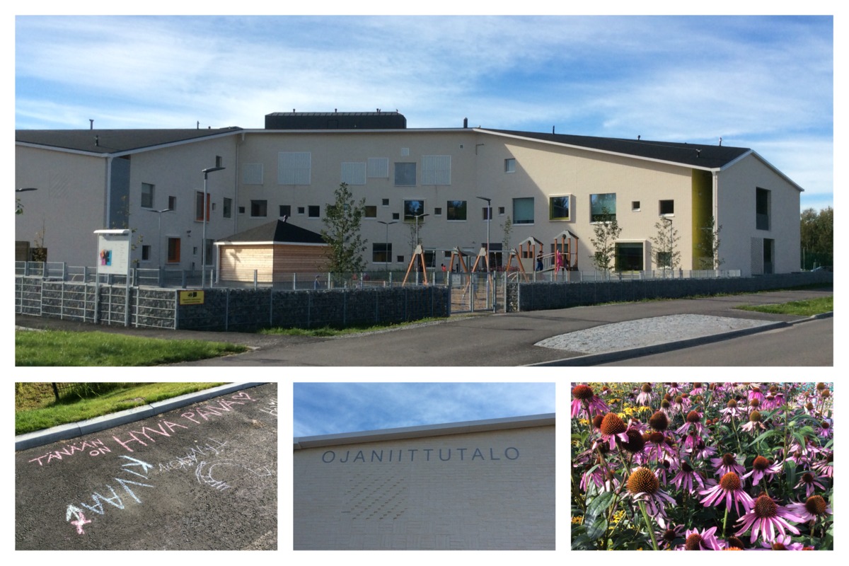 Ojaniitun päiväkoti on osa monitoimijataloa. Päiväkoti on vaalea iso rakennus, jonka ympärillä on aidattu piha-alue.