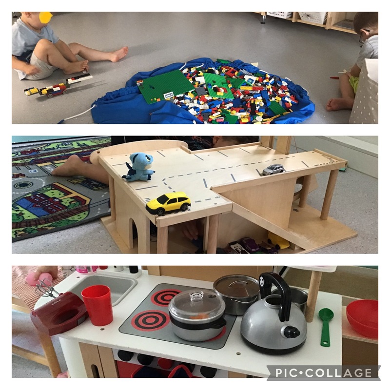 Legot, parkkitalo ja lasten keittiö.