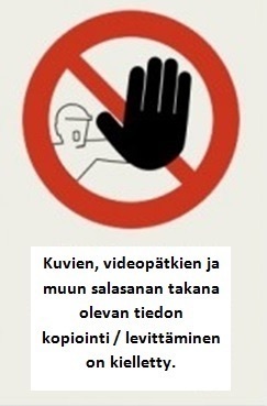 Kuvitettu ihminen näyttää isoa mustaa kämmentä. Kuvan päällä punainen ympyrä poikkiviivalla. Kuvan alla teksti: kuvien, videopätkien sekä muun salasanan takana olevan  tiedon kopiointi/levittäminen on kielletty.