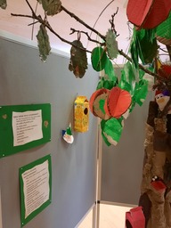 Puun lehtiä ja omenoita. Kuvan sivussa lasten ajatuksia seinässä.