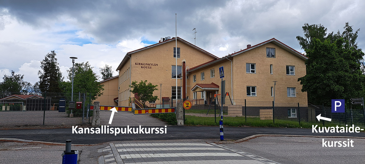 Kuvassa on nuolilla havainnollistettu Pukkilan Kirkonkylän koulun sisäänkäynnit.