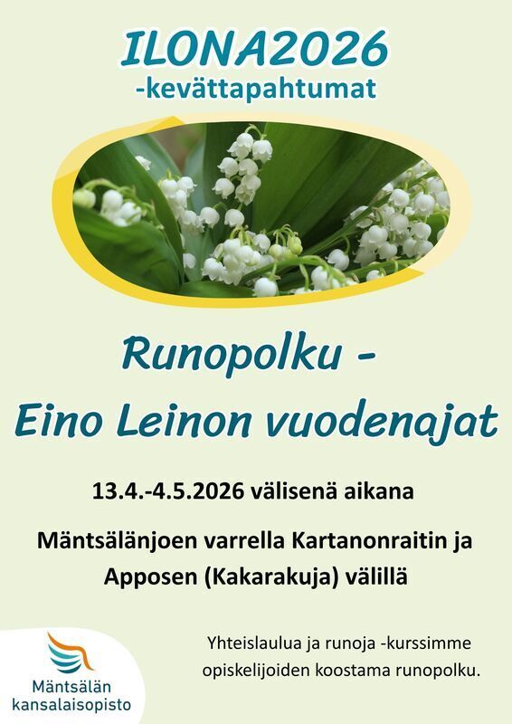 Kuvassa Eino Leinon vuodenajat -runopolun tiedot. Kuva kielosta.