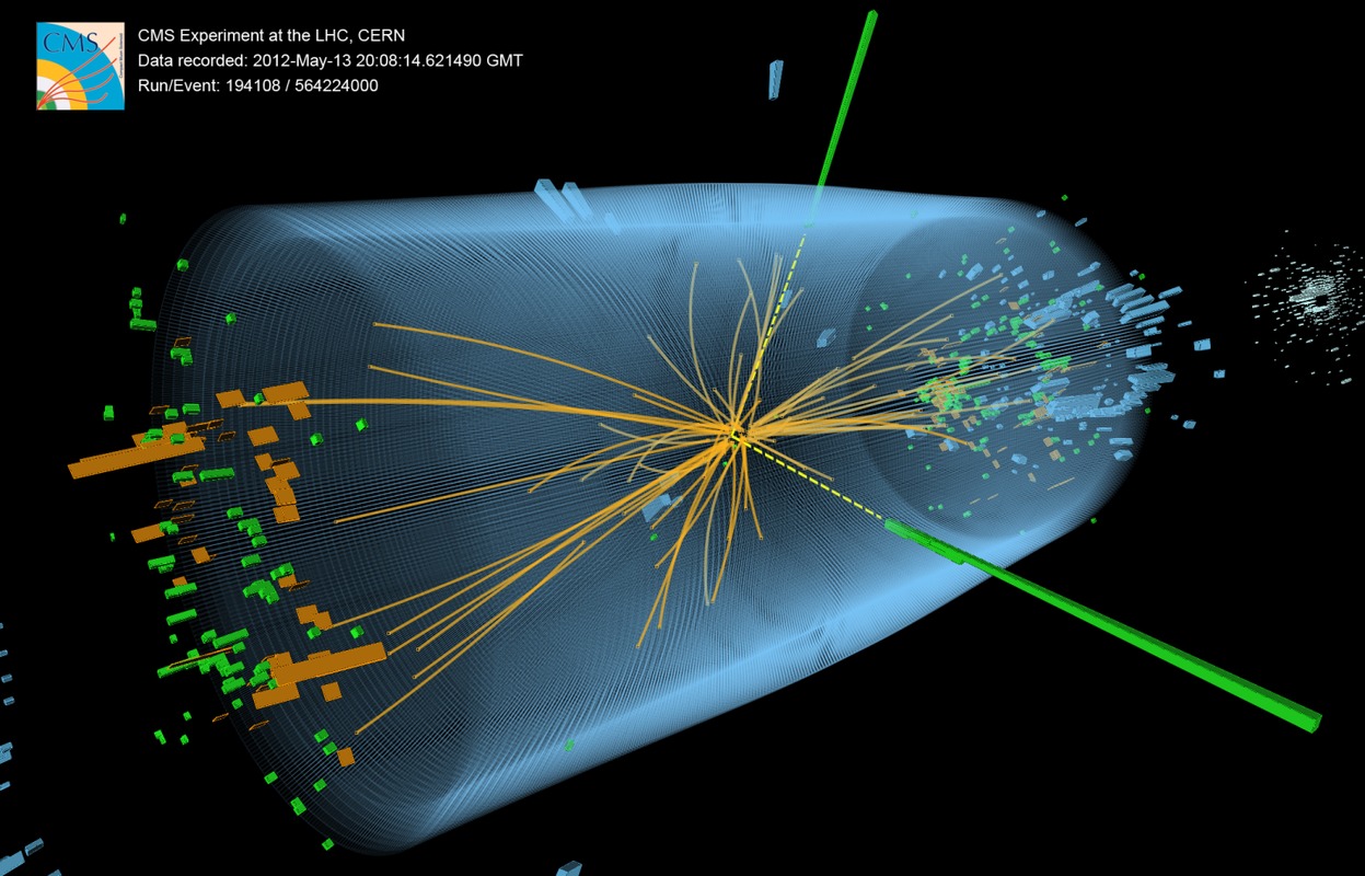 Event recorded with the CMS detector in 2012 at a proton-proton centre of mass energy of 8 TeV. The event shows characteristics expected from the decay of the SM Higgs boson to a pair of photons (dashed yellow lines and green towers).