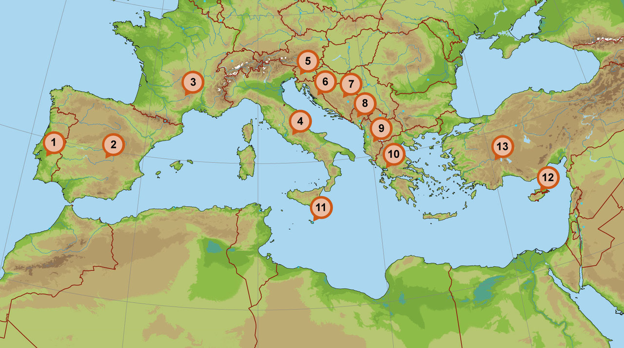Välimeren valtioita. Kartan valtioita: 1.Portugali 2.Espanja 3.Ranska 4.Italia 5.Slovenia 6. Kroatia 7.Bosnia ja Hertsegovina 8.Serbia 9.Albania 10.Kreikka 11.Malta 12.Kypros (jakautunut kahdeksi valtioksi) 13.Turkki.