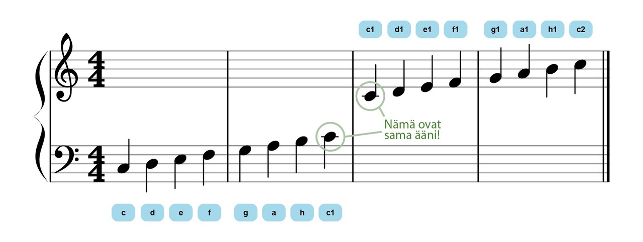 F- ja G-avain kohtaavat yksiviivaisen c:n (c1) kohdalla.