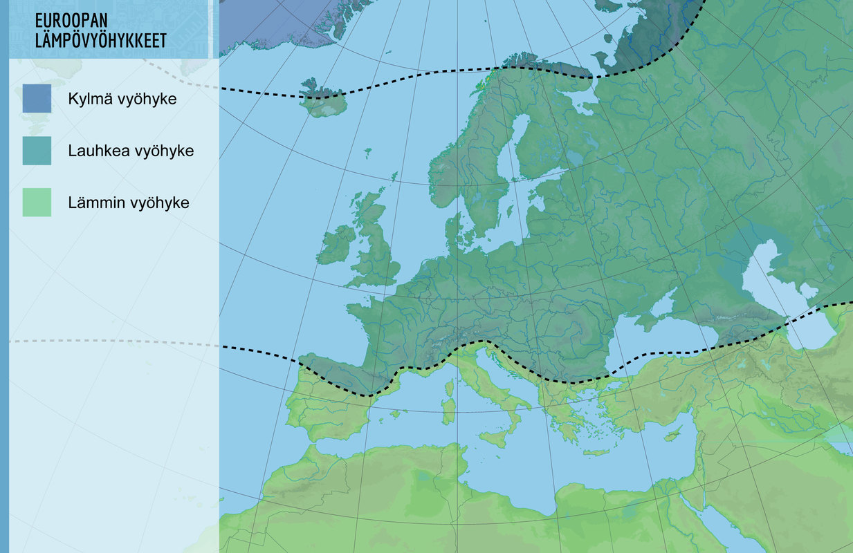 Euroopassa on kolme lämpövyöhykettä: lämmin, lauhkea ja kylmä vyöhyke.