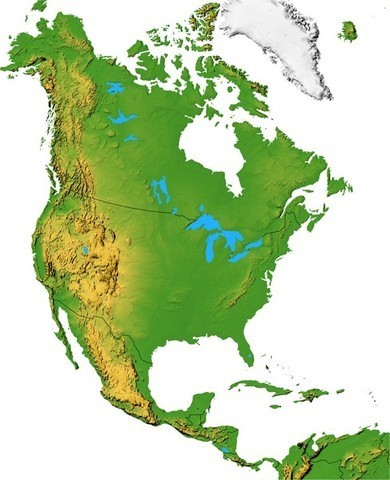 Pohjois-Amerikan korkokuvakartta. Lännessä on Kalliovuoret, idässä matala Appalakit.