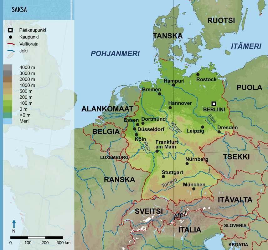 Saksalla on Itämeren rantaa. Elbe ja Rein laskevat Pohjanmereen. Dortmund, Düsseldorf ja Essen ovat Ruhrin teollisuualueen kaupunkeja. Berliini on pääkaupunki. München on Etelä-Saksan suurin kaupunki. Pohjoisosa on alanko, keskiosa ylänköä. Etelässä Saksa rajoittuu Alppien vuoristoon.