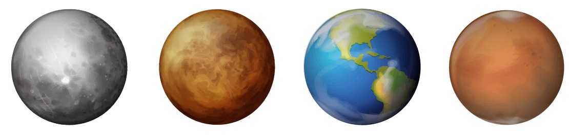 Merkurius, Venus, Maa ja Mars ovat kiviplaneettoja.