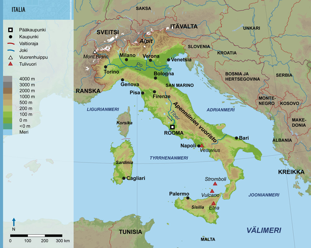 Italia. Rooma on pääkaupunki Tiber-joen rannalla. Pohjois-Italian suuria kaupunkeja ovat mm. Torino ja Milano. Venetsia on kuuluisa kanaaleistaan, Pisa kaltevasta tornistaan. Napolin läheisyydessä on Vesuvius-tulivuori, Sisilian saarella on Etna-tulivuori. Sardinia kuuluu myös Italialle.