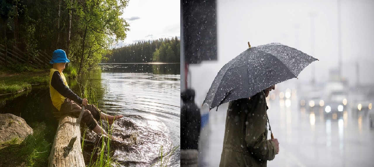 Different weather conditions. On the left, a calm, warm and clear summer day. On the right, a rainy, windy and cold autumn day.