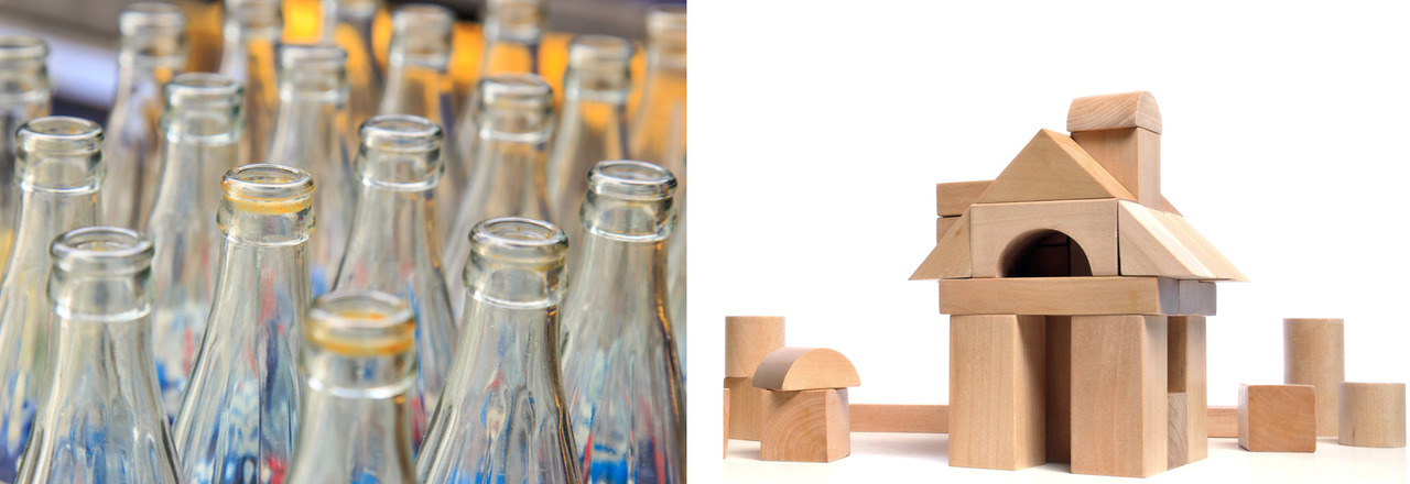 On the left: Glass bottles are widely recycled. On the right: The wood from a broken rocking horse can be made into building blocks.