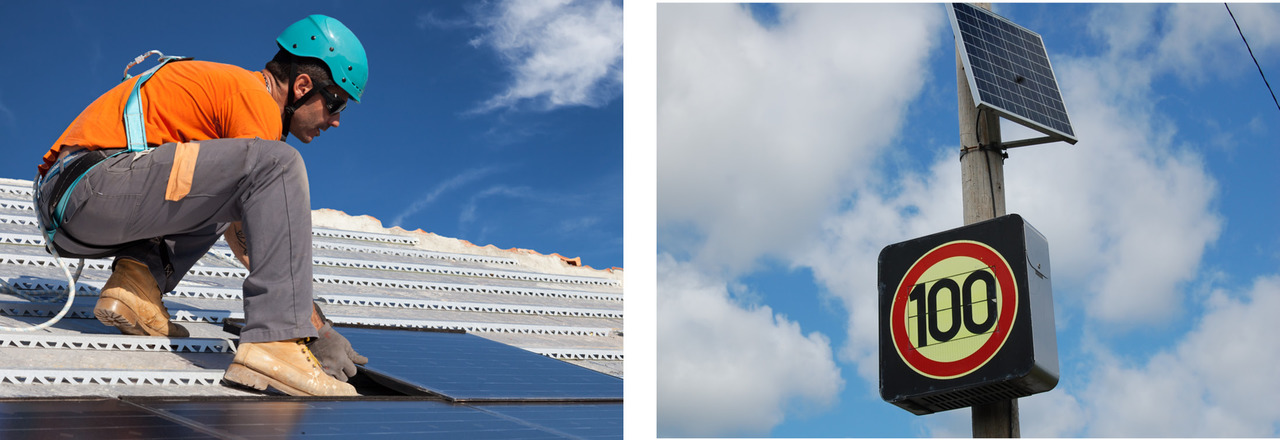 On the left: Solar panels being installed on a roof. On the right: An electronic traffic sign that is powered by a solar panel.