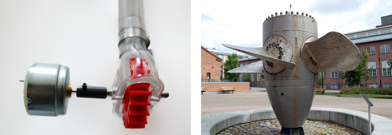 On the left: A small rotor that rotates an electric motor. On the right: A rotor of an old water power plant.