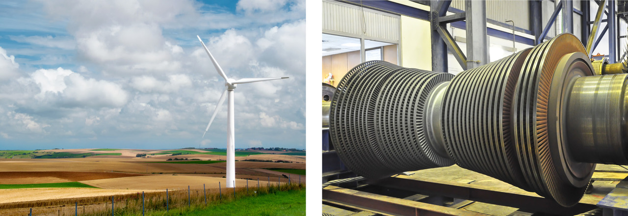 On the left: The rotors of wind power generators or windmills contain three long blades. On the right: The complex rotor of a vapor power plant is rotated by the pressure of water vapor.