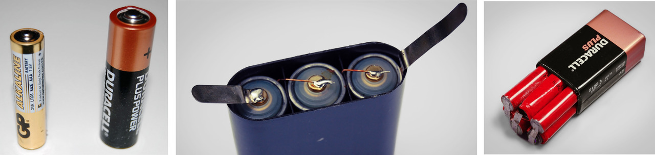 On the right: A 1,5 volt battery contains a single electric pair. In the middle: A flat battery contains three electric pairs, which means that it has a tension of 4,5 volttia. On the right: A 9 volt battery contains six electric pairs.