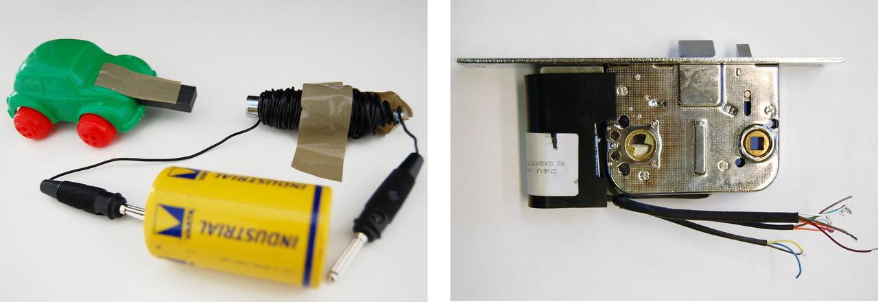 On the left: The conductor of a closed circuit becomes an electromagnet. Electromagnets can be used to produce movement. When the circuit is closed, the conductor's electromagnet will begin to move the permanent magnet attached to the toy car. On the right: Electronic locks are opened with electromagnets. When the button is pressed, the circuit becomes closed and the electromagnet releases the lock's clamp. This means that the door can be opened. When the button is not pressed, the metal spring returns the parts of the lock to their previous positions. This means that the door becomes locked.