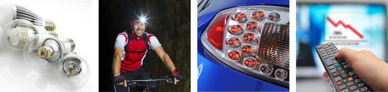 LED lamps. From left to right: household LED lamps, an LED head lamp, LED lamps in a car's red tail light and an LED remote.