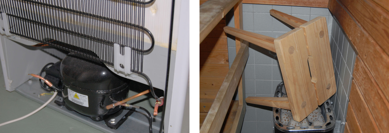 On the left: Electronic devices should be kept free of dust. On the right: Devices that produce heat, such as heating units and sauna stoves, should never be covered with other objects!