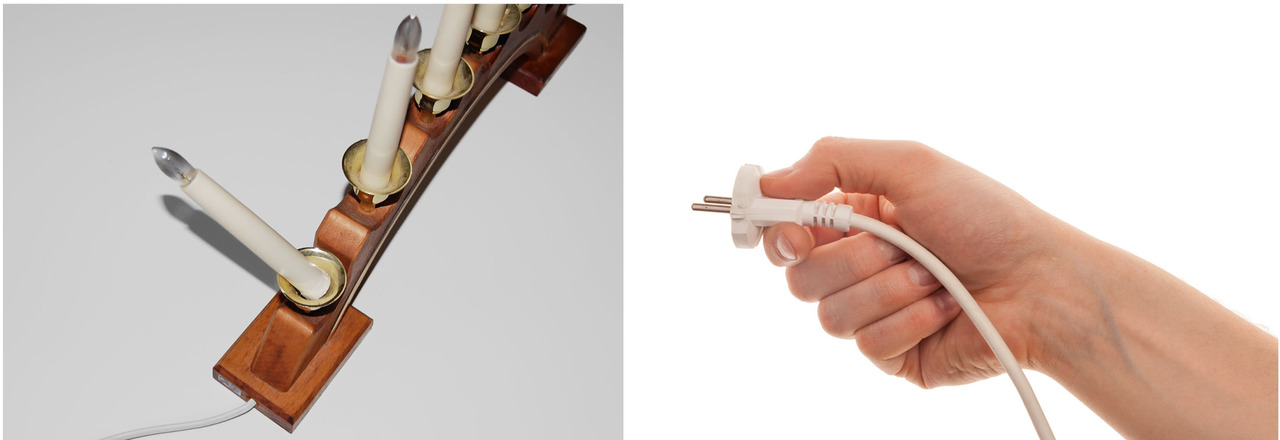 On the left: A broken electronic chandelier. On the right: The right grip for handling power cords.
