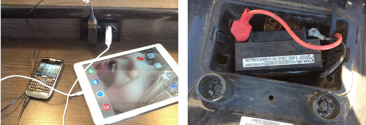 On the left: Small electric circuits are used in portable devices. They are often powered by a battery. On the right: A car battery is an example of a chargeable battery.