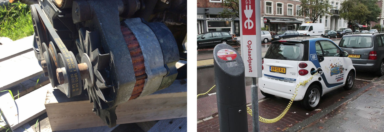 On the left: A car battery receives energy from a generator. On the right: The battery of an electric car is charged by connecting it to a large electric circuit.