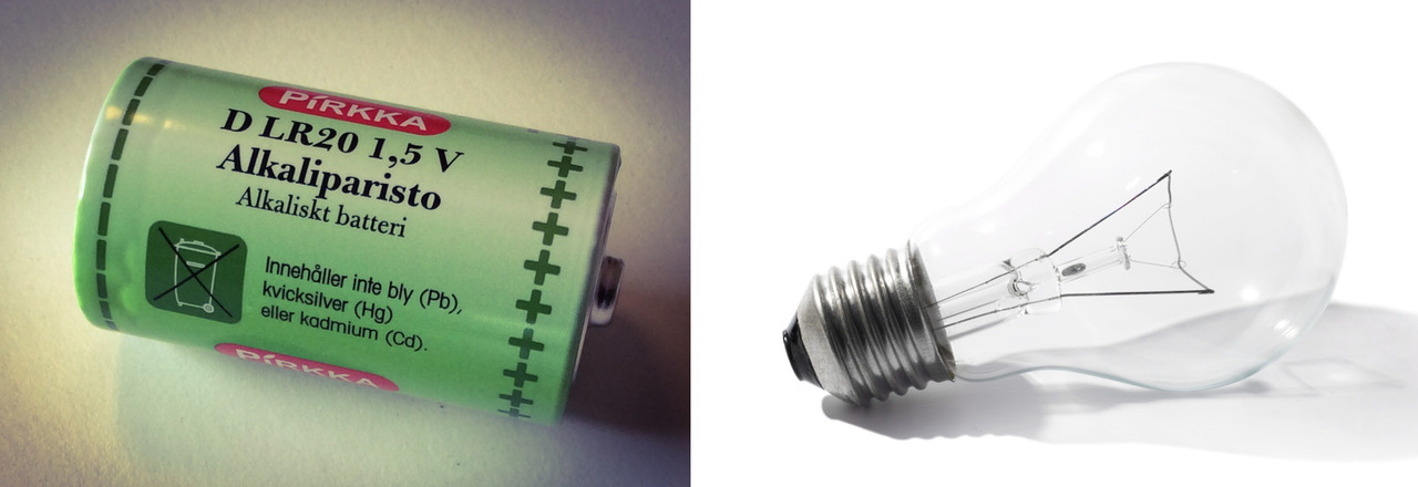A battery is a source of electric tension. A light bulb is a resistor that uses electricity to produce light.