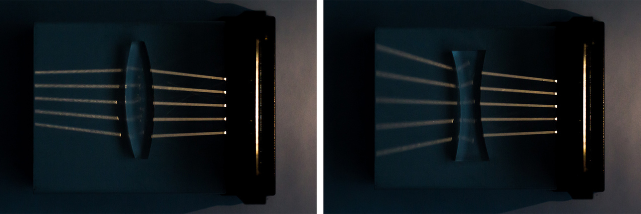 Concave lenses (left) and convex lenses (right) refract light differently.