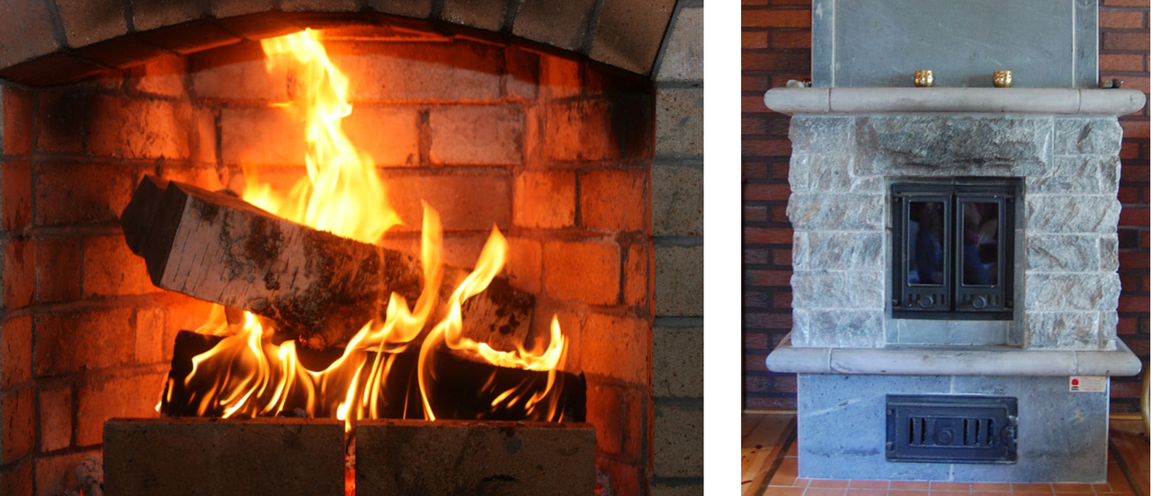 A heat-storing fireplace uses energy more efficiently than an open fireplace.