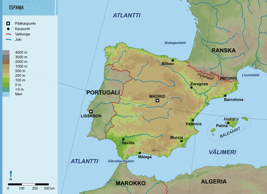 Espanja. Espanja ja Portugali sijaitsevat Pyreneiden niemimaalla. Afrikan ja Euroopan erottava Gibraltarin salmi on vain 14 kilometriä leveä. Espanjan pääkaupunki Madrid sijaitsee maan keskiosassa. Rannikon tärkein kaupunki on Barcelona. Barcelonalaiset pitävät itseään enemmän katalonialaisina kuin espanjalaisina. Katalonia on Espanjan valtion itsehallintoalue, jonka pääkaupunki on Barcelona. Espanjalle kuuluu Välimeren saariryhmä, jonka suurin ja tunnetuin saari on Mallorca.