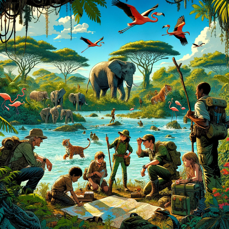 DALL·E 2024-03-27 23.25.53 - In a vibrant, dense jungle scene, a river flows gently in the background, its waters gleaming under the sun's rays. In the foreground, a diverse group.png