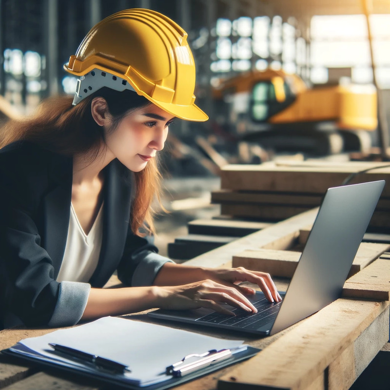 DALL·E 2024-05-12 14.26.07 - A female engineer with a yellow hard hat, viewed from a side angle, working intently on a laptop at a construction site. The engineer is seated, typin.png