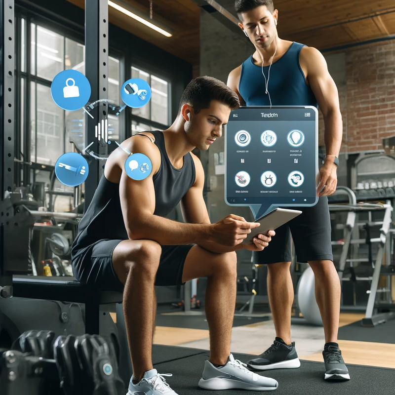 DALL·E 2024-04-16 00.49.28 - A scene depicting an athlete using ChatGPT on a tablet in a gym setting to improve sports performance. The athlete, a Hispanic male in athletic wear, .png