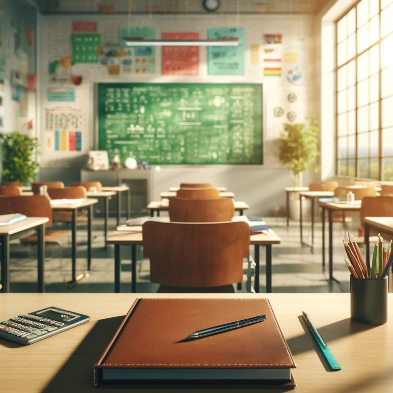 DALL·E 2024-03-31 00.39.03 - Create an image focusing on a single desk with a returned Portfolio on top. The classroom has large windows through which natural light floods in, and.png