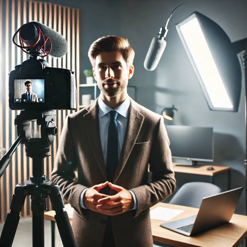 DALL·E 2024-09-11 16.01.03 - A professional scene of a person recording a video CV. The individual is standing in front of a camera, speaking confidently, with lights and a microp.png