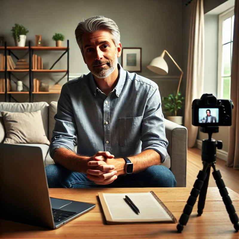 DALL·E 2024-09-11 16.01.06 - A scene of a middle-aged person recording a video CV at home. The individual is sitting in front of a laptop with a webcam, wearing casual yet neat cl.png